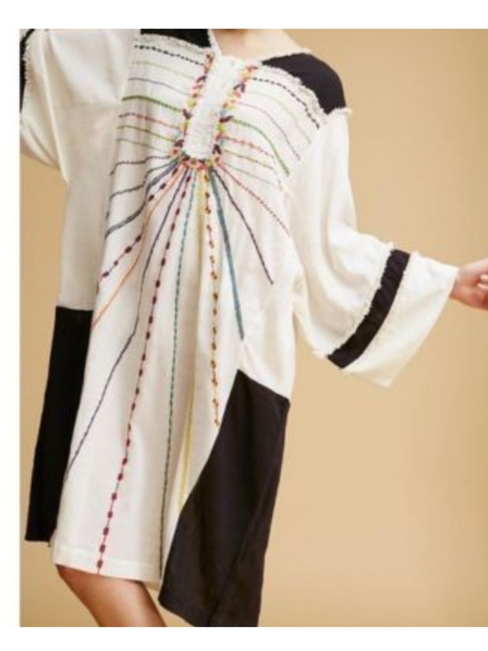 Antik Batik from Anthropologie Embroidered White Tunic Dress with Black Panels
